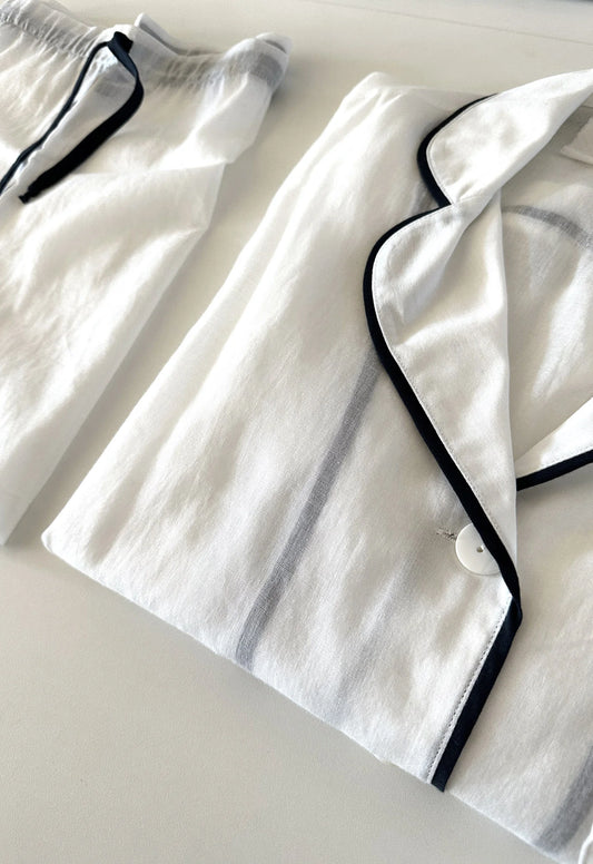 Tuxedo Stripe Pajama Short Set in White w/ Midnight